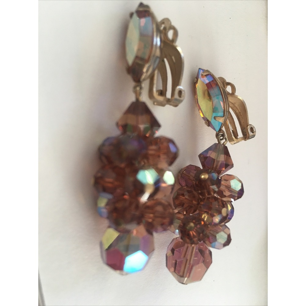 VINTAGE LEWIS SEGAL CLIP ON DANGLE AB arora CRYSTAL EARRINGS SIGNED cluster